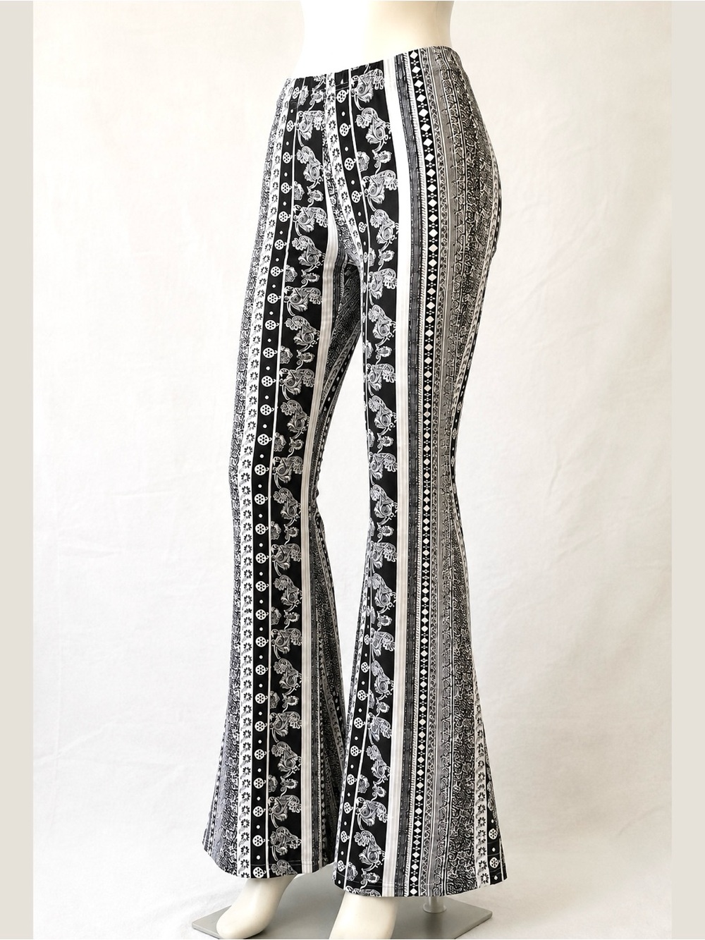 Black & White Floral Stripe Flared Pants